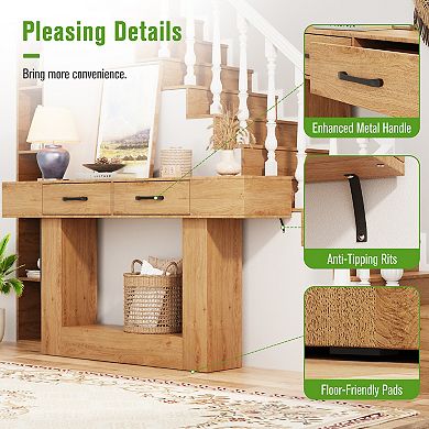 CEWOR Modern Farmhouse Console Table with Power Outlet, RGB LED Lights & 2 Drawers,Hallway Desk