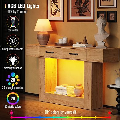CEWOR Modern Farmhouse Console Table with Power Outlet, RGB LED Lights & 2 Drawers,Hallway Desk