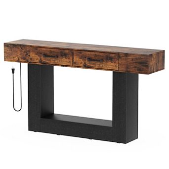 CEWOR Modern Farmhouse Console Table with Power Outlet, RGB LED Lights & 2 Drawers,Hallway Desk
