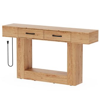 CEWOR Modern Farmhouse Console Table with Power Outlet, RGB LED Lights & 2 Drawers,Hallway Desk