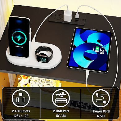 CEWOR 2 Pack Nightstand with Charging Station, Bedside Tables with LED Light and Fabric Drawers