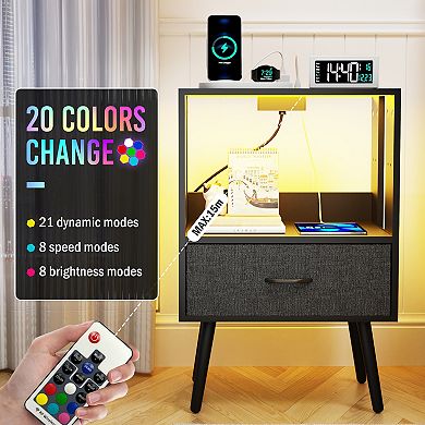 CEWOR 2 Pack Nightstand with Charging Station, Bedside Tables with LED Light and Fabric Drawers