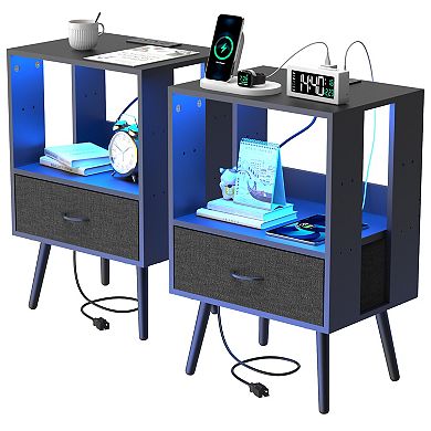 CEWOR 2 Pack Nightstand with Charging Station, Bedside Tables with LED Light and Fabric Drawers