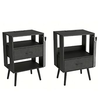 2 Pack Modern Nightstand with Charging Station, Bedside Tables with LED Light and Fabric Drawers