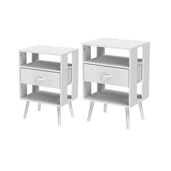 CEWOR 2 Pack Nightstand with Charging Station, Bedside Tables with LED Light and Fabric Drawers