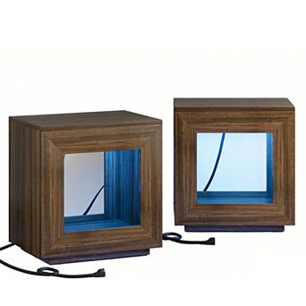 Rustic Brown Side Table,Nightstand with Charging Station & Dual LED Lights