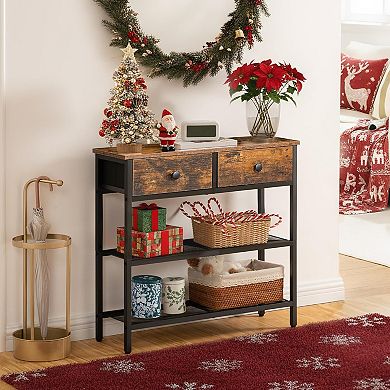Narrow Console Table with 2 Fabric Drawers, Small Entryway Table with 3-Tier Storage Shelves