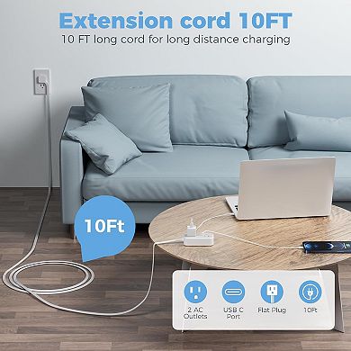 10ft Flat Plug Cord - Power Strip: 2 USB A, 1 USB C, 2 Outlets - Small Charger: Cruise/Home/Office