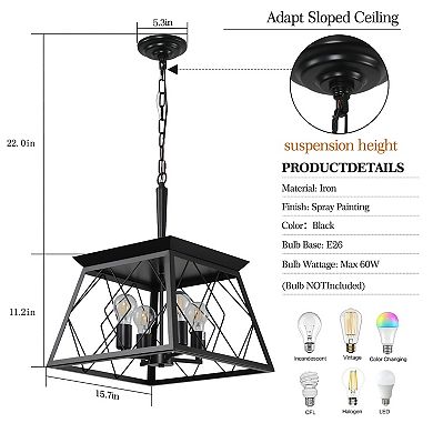 ELEMENT ACE Modern Industrial Four-Light Adjustable Pendant Chandelier Metal Cage Design