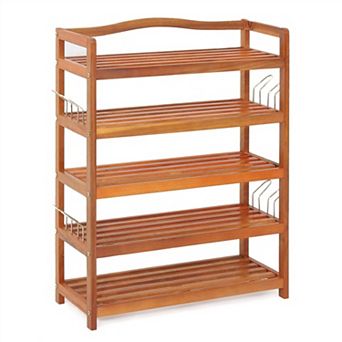 5 tier Acacia Wood Shoe Rack with Side Metal Hooks