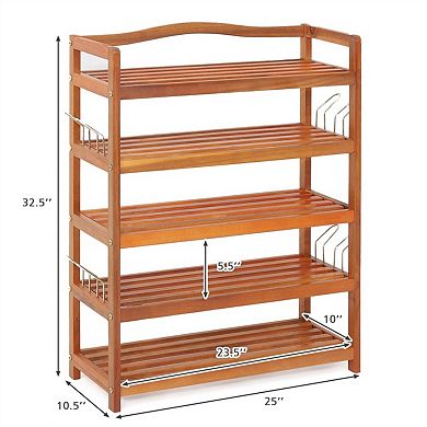 5 Tier Acacia Wood Shoe Rack with Side Metal Hooks