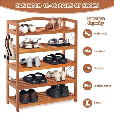 5 Tier Acacia Wood Shoe Rack with Side Metal Hooks