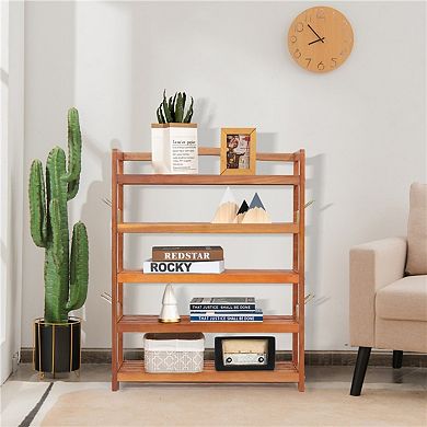 5 Tier Acacia Wood Shoe Rack with Side Metal Hooks
