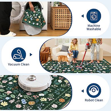 Washable Floral Rugs, Vintage Living Room Carpet Boho Non-Slip Soft Low Pile Thin Floor Mat