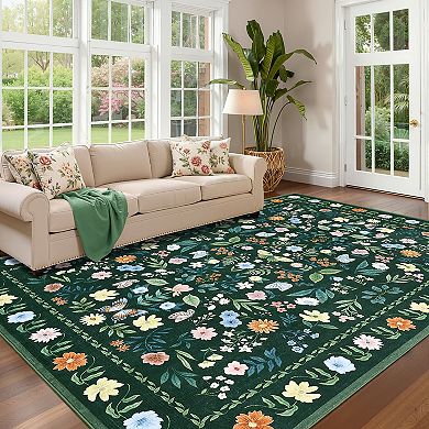 Washable Floral Rugs, Vintage Living Room Carpet Boho Non-Slip Soft Low Pile Thin Floor Mat