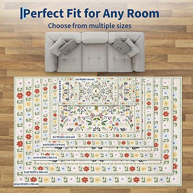 Washable Floral Rugs, Vintage Living Room Carpet Boho Non-Slip Soft Low Pile Thin Floor Mat