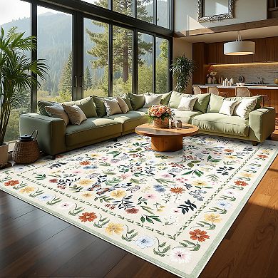 Washable Floral Rugs, Vintage Living Room Carpet Boho Non-Slip Soft Low Pile Thin Floor Mat
