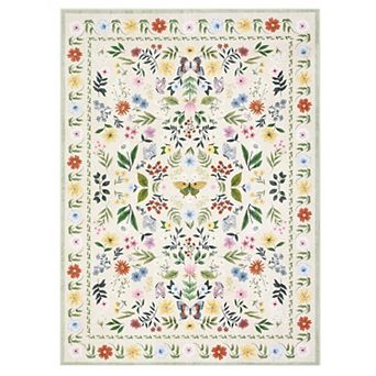 Washable Floral Rugs, Vintage Living Room Carpet Boho Non-Slip Soft Low Pile Thin Floor Mat