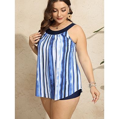 Women's Plus Size Summer Beach Two Piece Bathing Suits Ladies Flowy Tank Top with Boyshorts