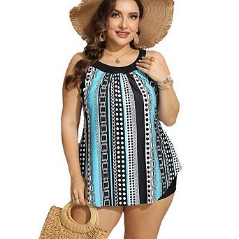 Women's Plus Size Summer Beach Two Piece Bathing Suits Ladies Flowy Tank Top with Boyshorts