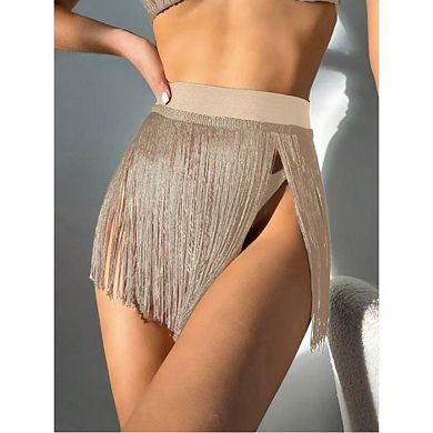 Women's Elastic High Waist Fringe Trim Flowy Bikini Triangle Swim Trunks Beach Mini Skirt