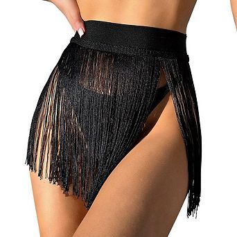 Women's Elastic High Waist Fringe Trim Flowy Bikini Triangle Swim Trunks Beach Mini Skirt