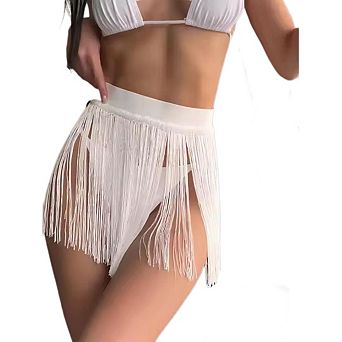 Women's Elastic High Waist Fringe Trim Flowy Bikini Triangle Swim Trunks Beach Mini Skirt