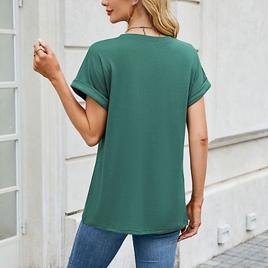 Women Short Rolled-Sleeve Crew Neck T-Shirt Casual Top