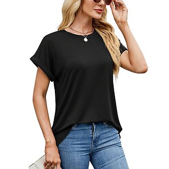 Women Short Rolled-Sleeve Crew Neck T-Shirt Casual Top