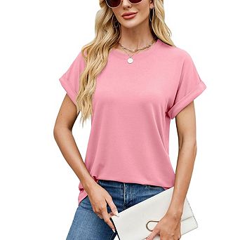 Women Short Rolled-Sleeve Crew Neck T-Shirt Casual Top