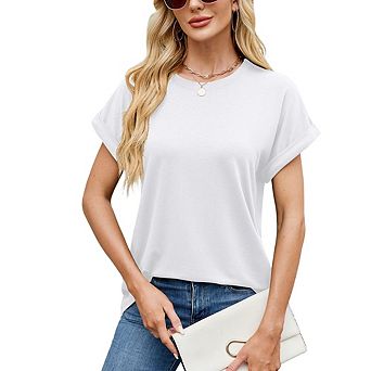 Women Short Rolled-Sleeve Crew Neck T-Shirt Casual Top