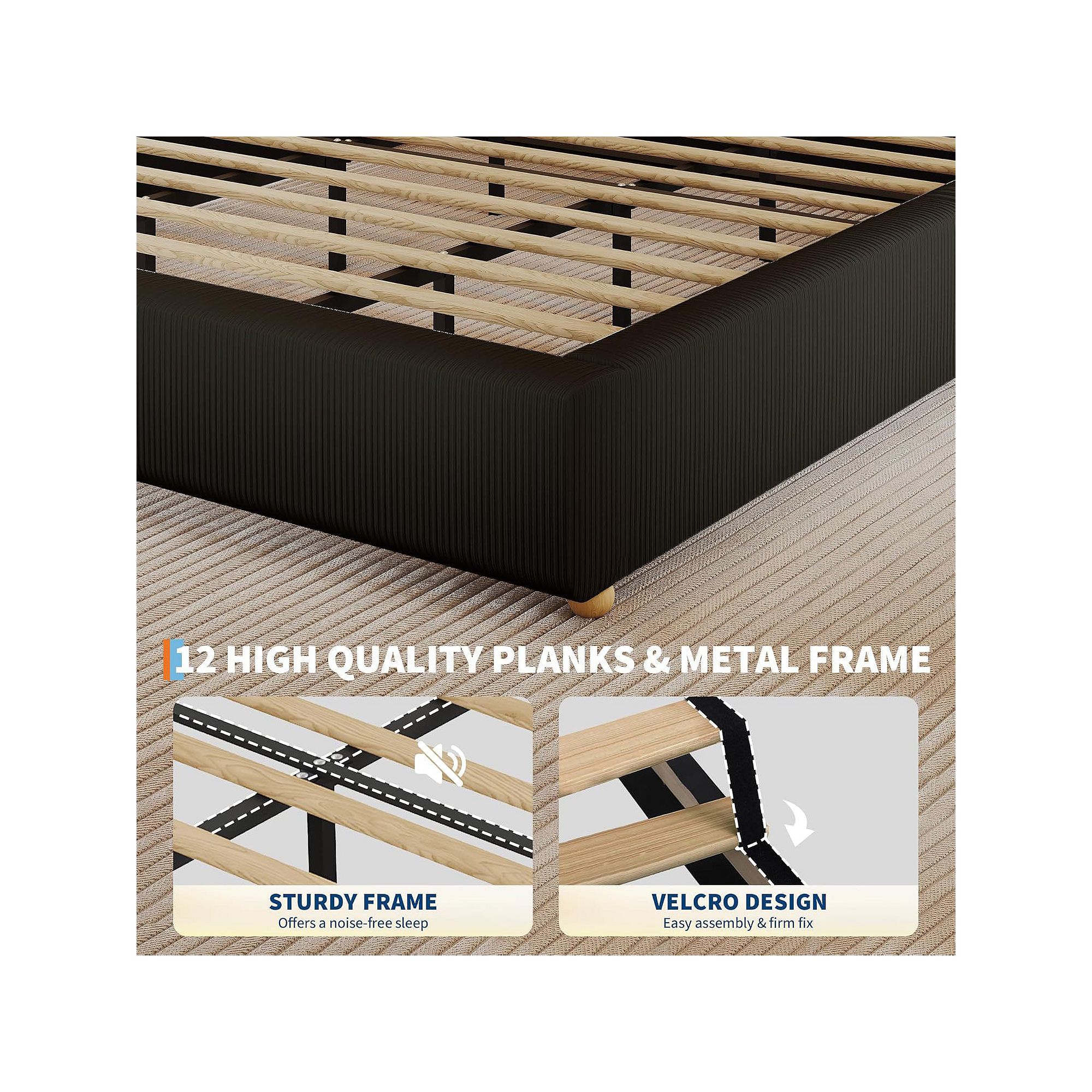 Close-up of bed slat system on black frame with labeled features