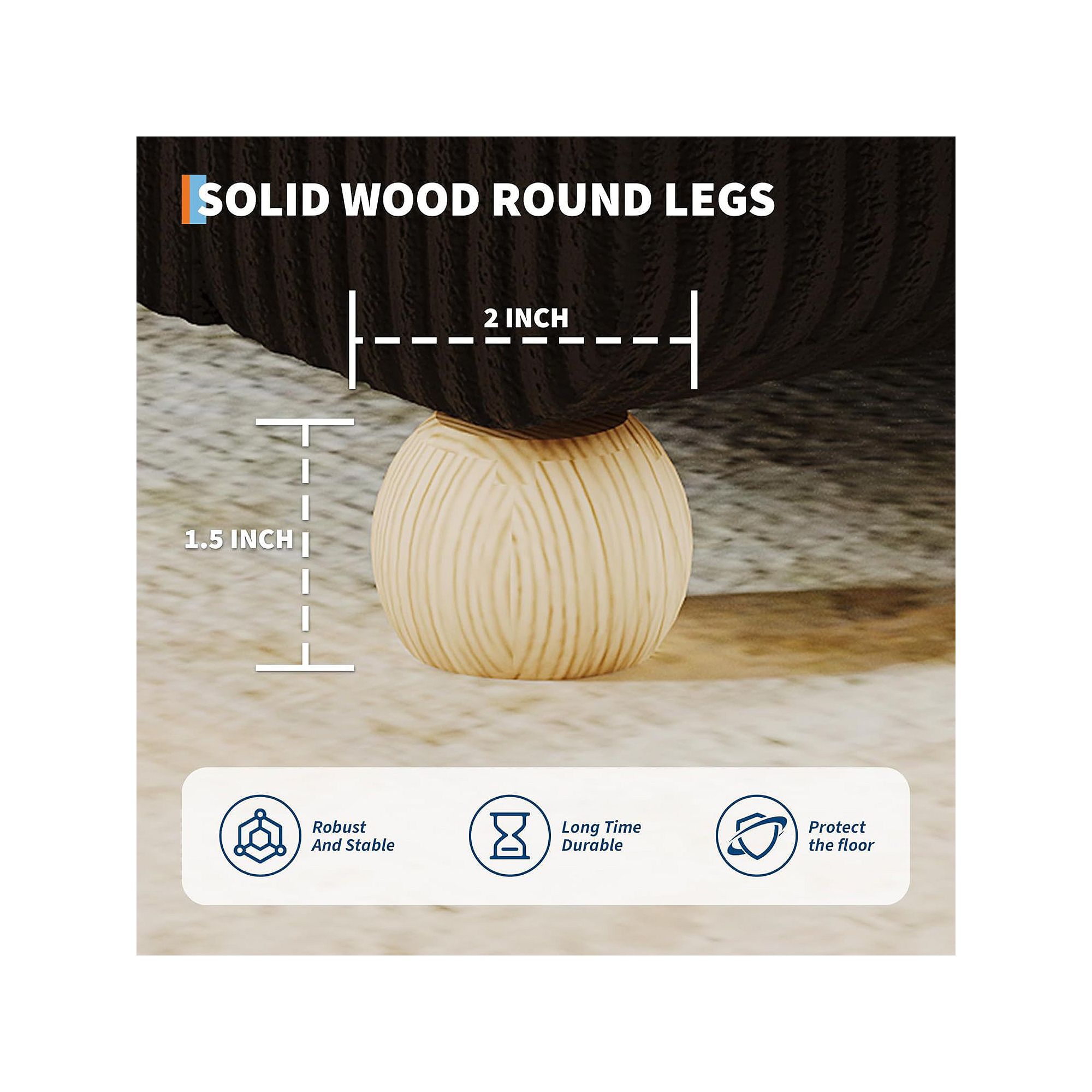 Close-up of wooden rounded leg with dimensions annotation