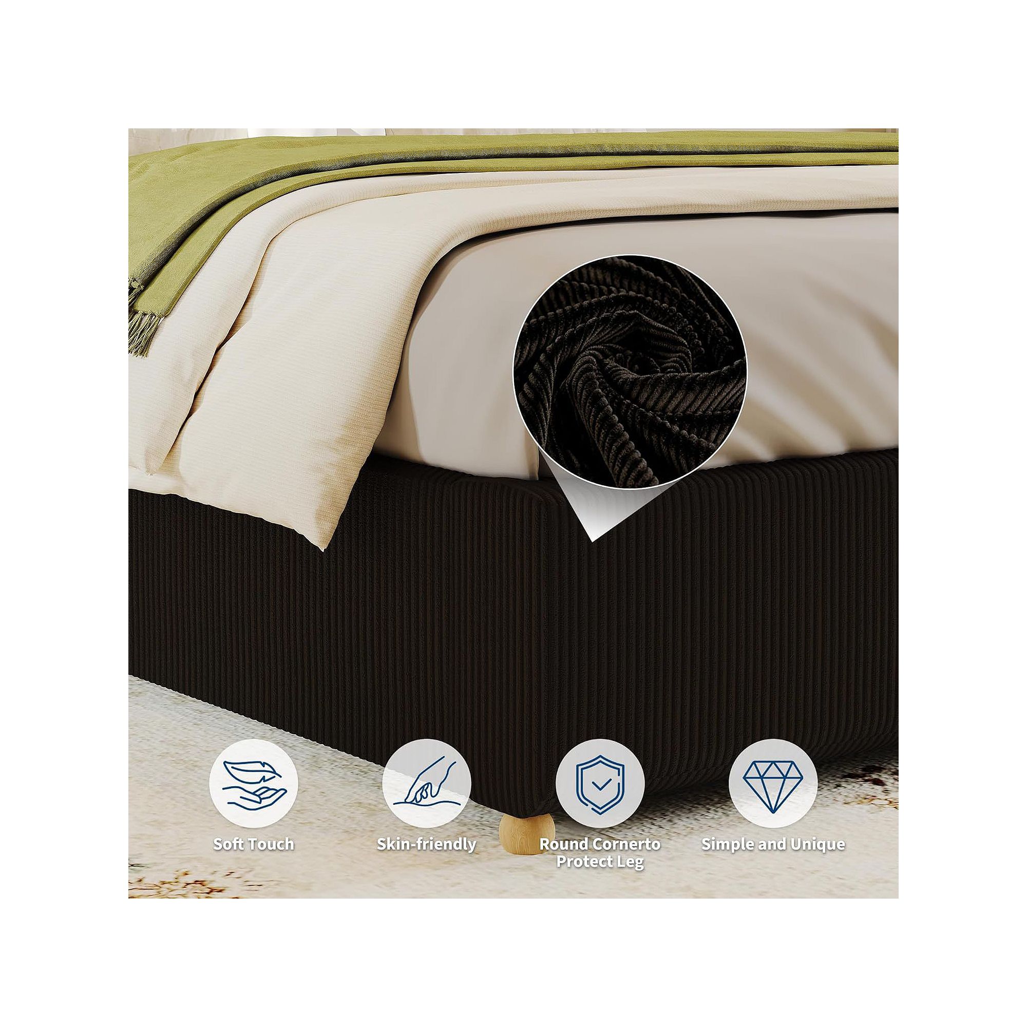 Close-up of fabric texture and edge of bed with emblem