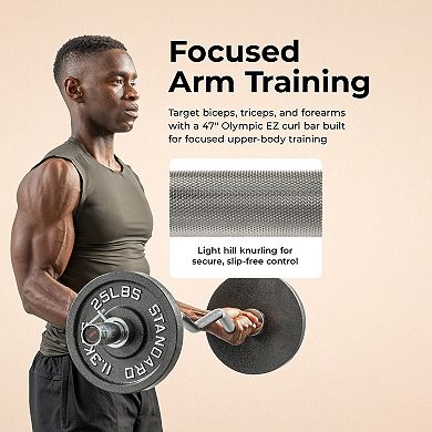 Sunny Health & Fitness 47” Olympic EZ Curl Bar with Ring Collars