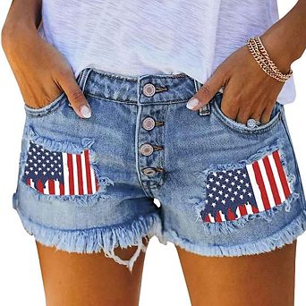 Women's American Flag Denim Jean Shorts Mid Rise Stretchy Pants with Fringed Ripped Frayed Hem