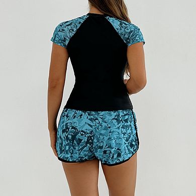 Women's Two Piece Swimsuit Short Sport Sleeve Printed Vest with Boyshorts Bathing Suits