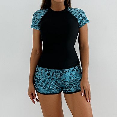 Women's Two Piece Swimsuit Short Sport Sleeve Printed Vest with Boyshorts Bathing Suits
