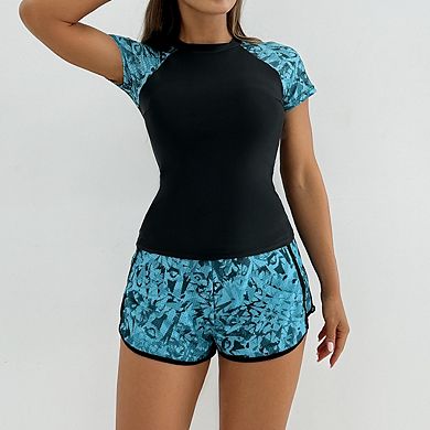 Women's Two Piece Swimsuit Short Sport Sleeve Printed Vest with Boyshorts Bathing Suits
