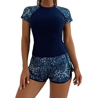 Women's Two Piece Swimsuit Short Sport Sleeve Printed Vest with Boyshorts Bathing Suits