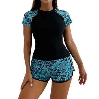 Women's Two Piece Swimsuit Short Sport Sleeve Printed Vest with Boyshorts Bathing Suits