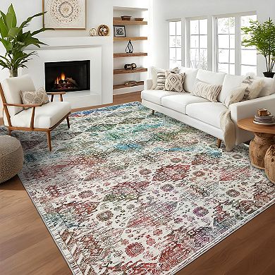 Washable Neutral Area Rugs with Vintage Floral Geometric Patterns, Non-Slip Low Pile Carpet