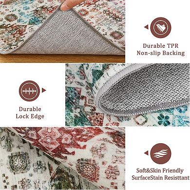 Washable Neutral Area Rugs with Vintage Floral Geometric Patterns, Non-Slip Low Pile Carpet