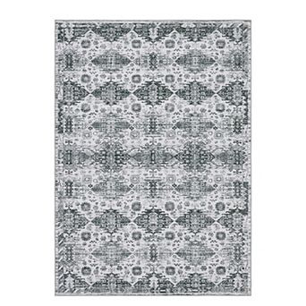 Washable Neutral Area Rugs with Vintage Floral Geometric Patterns, Non-Slip Low Pile Carpet