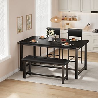 4Pack Dining Table Set, 1 Rectangular Kitchen Table & 1 Stool & 2 Upholstered Chairs