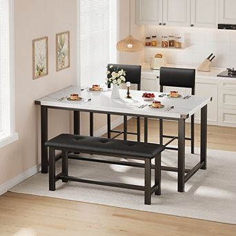 4Pack Dining Table Set, 1 Rectangular Kitchen Table & 1 Stool & 2 Upholstered Chairs