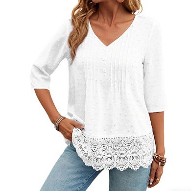 Women's 3/4 Sleeve Blouse V Neck Button Textured Dot Lace Trim Relaxed Fit Lightweight Casual Tops
