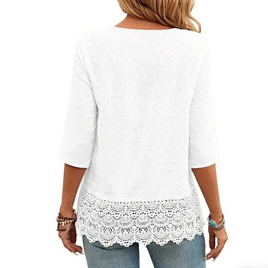 Women's 3/4 Sleeve Blouse V Neck Button Textured Dot Lace Trim Relaxed Fit Lightweight Casual Tops