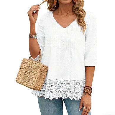 Women's 3/4 Sleeve Blouse V Neck Button Textured Dot Lace Trim Relaxed Fit Lightweight Casual Tops