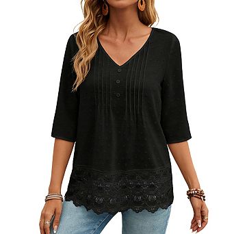 Women's 3/4 Sleeve Blouse V Neck Button Textured Dot Lace Trim Relaxed Fit Lightweight Casual Tops